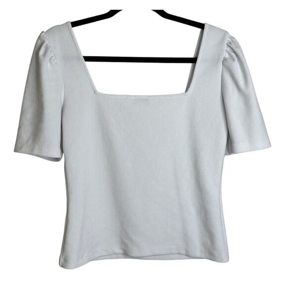 Club Monaco White Ribbed Short Sleeve Blouse Square Neck Stretch Casual M - Picture 2 of 6